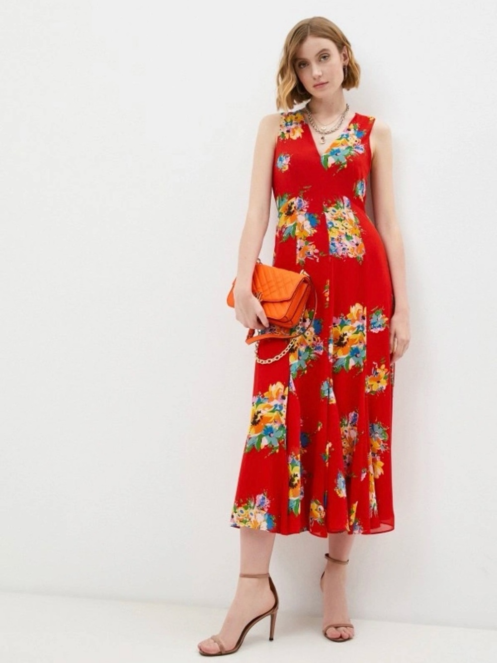 Lauren Ralph Lauren Red Floral V-Neck Sleeveless Midi Dress